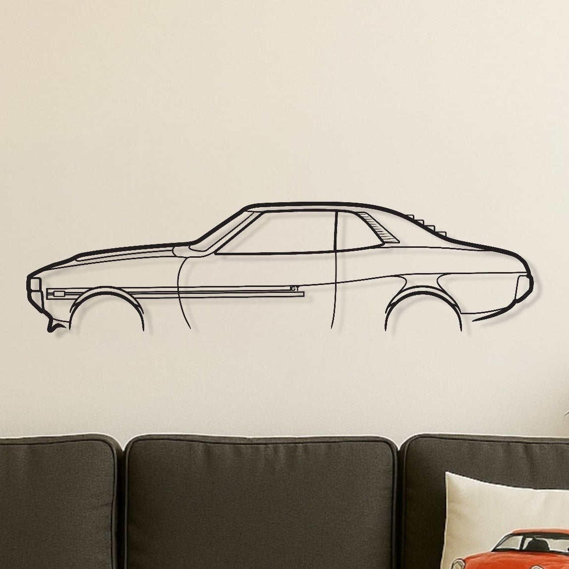 Living room with a gray sofa, wooden coffee table, and car-themed decor.