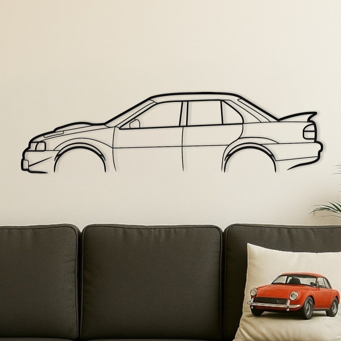 Living room with a gray sofa, wooden coffee table, and car-themed decor.