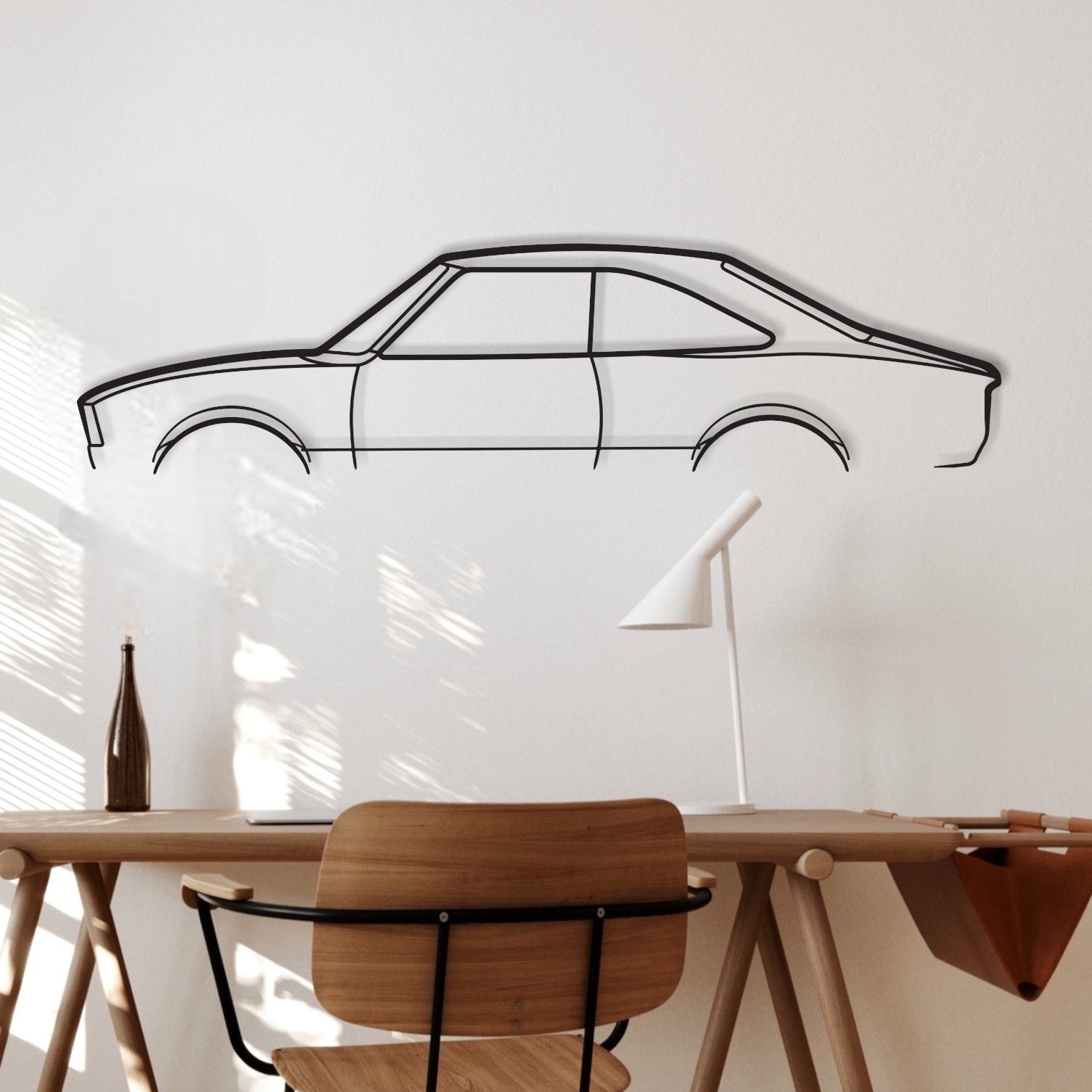 Mazda RX2 Coupe auto metal wall art hung in office.
