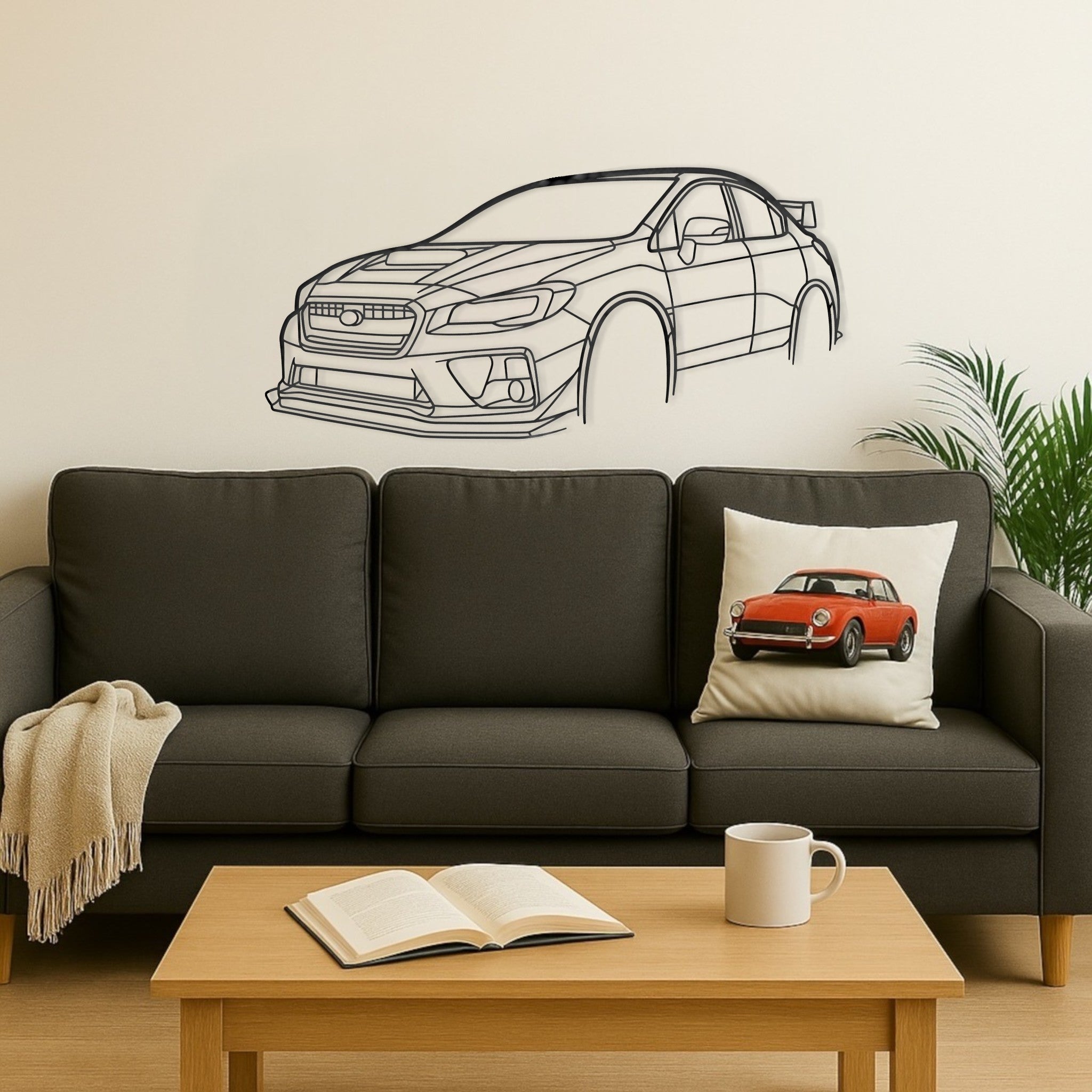 Subaru Impreza WRX STi 2017 sedan steel silhouette wall art displayed on a loungeroom wall