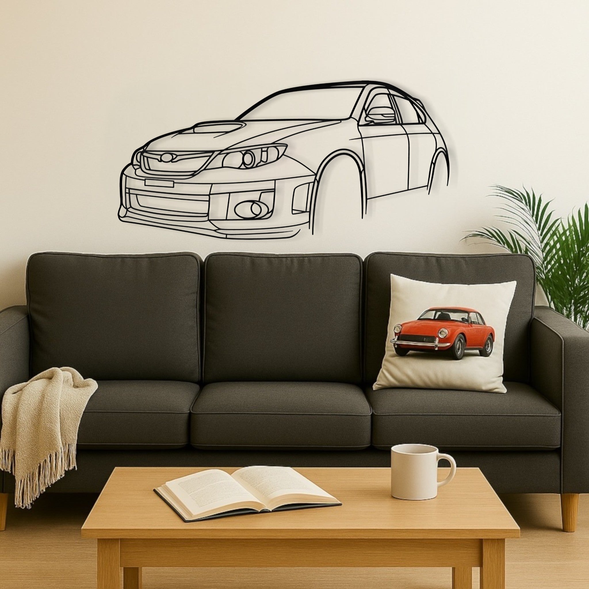 Subaru Impreza WRX STi Hatchback steel silhouette wall art displayed on a white loungeroom wall