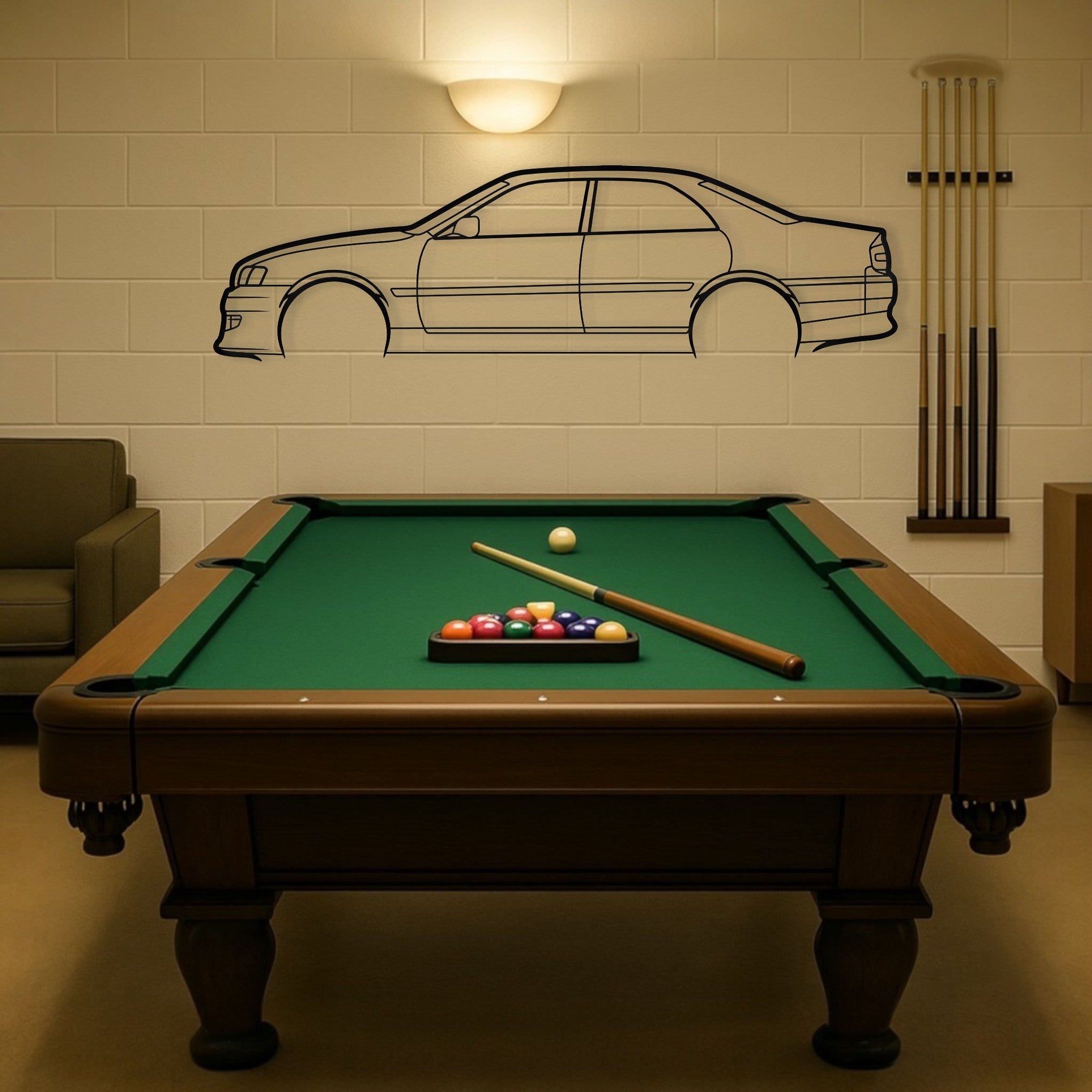 Toyota AE86 Sprinter metal wall art silhouette – side profile view in billiards room