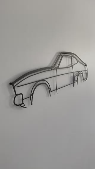 Close-up and side-on of the Ford Falcon XB GT 1973 car metal wall art piece.