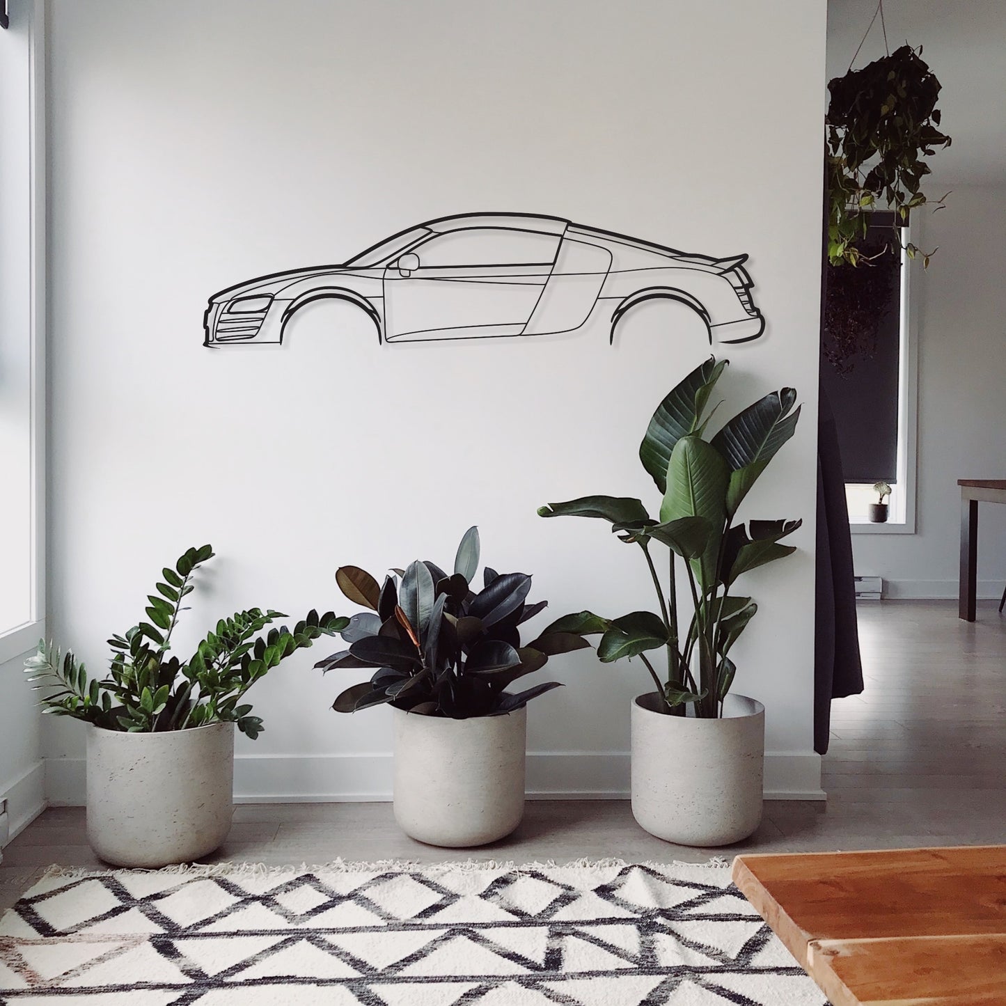 Audi R8 metal wall art on living room wall