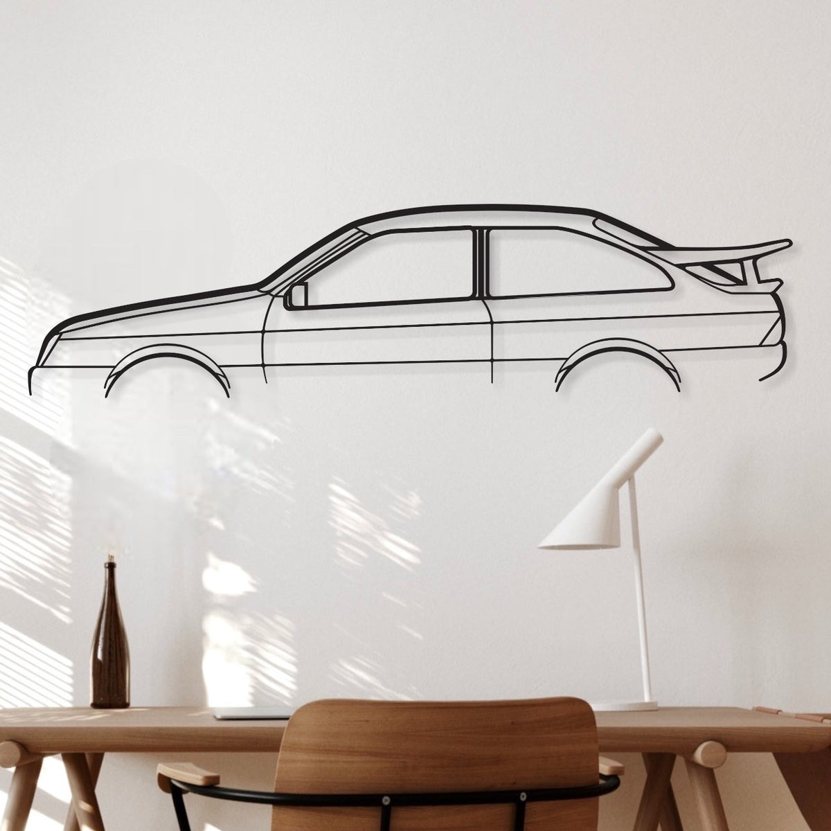 Ford Sierra Cosworth rs500 1985 Metal Car stencil wall art hanging above an office desk. 