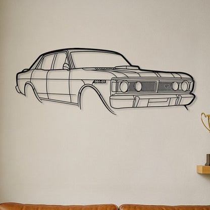 Wall decal of a classic car on a beige wall with a brown couch and trophy in the background.