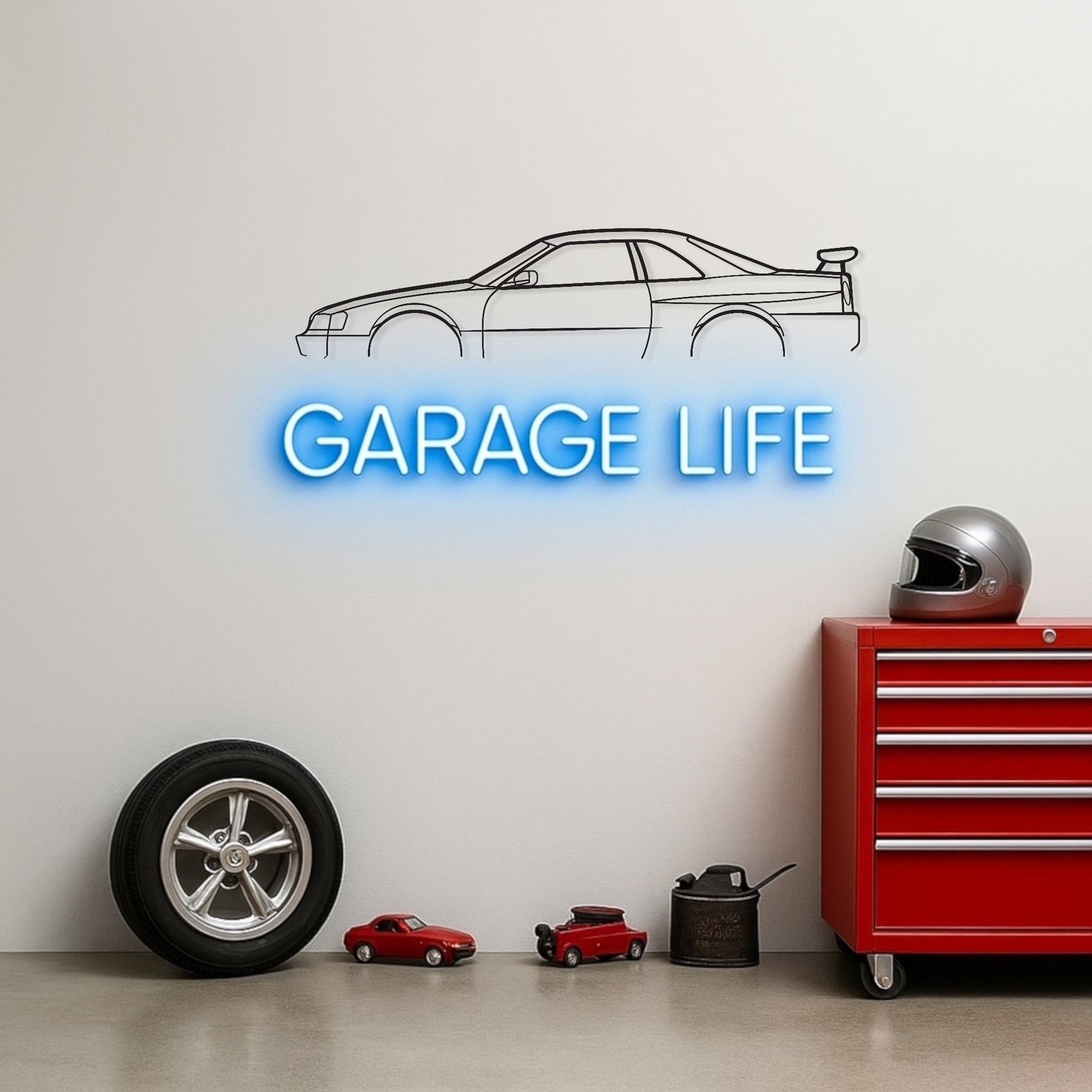 Neon sign reading 'Garage Life' with car-themed decor including a toolbox, helmet, and model cars.