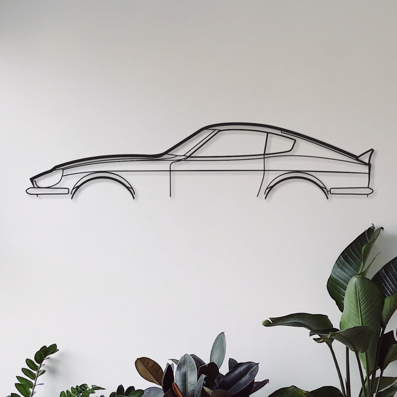 Nissan 240z metal wall print in a living room.