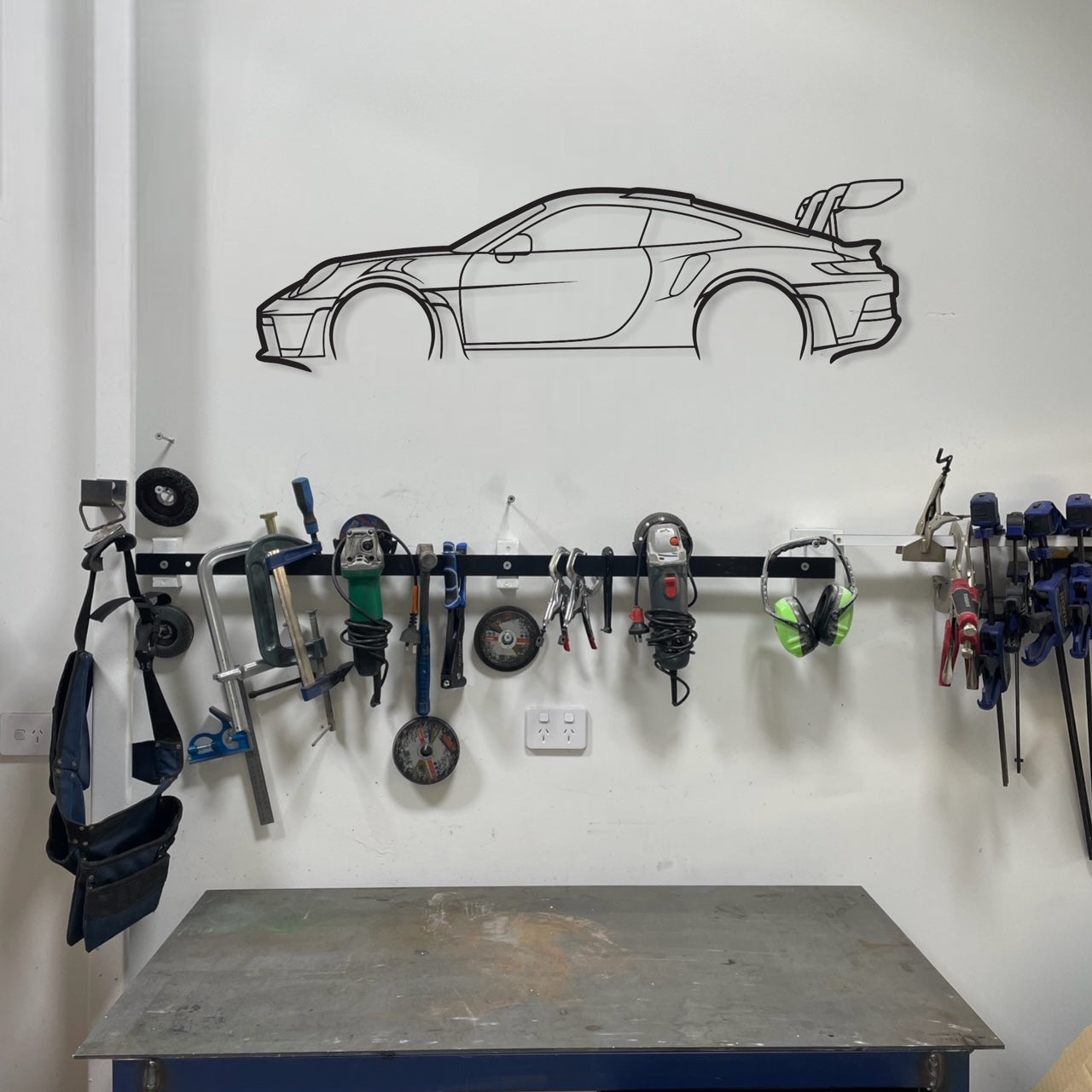 Porsche 911 GT3 RS Metal Wall Art on Workshop, garage wall