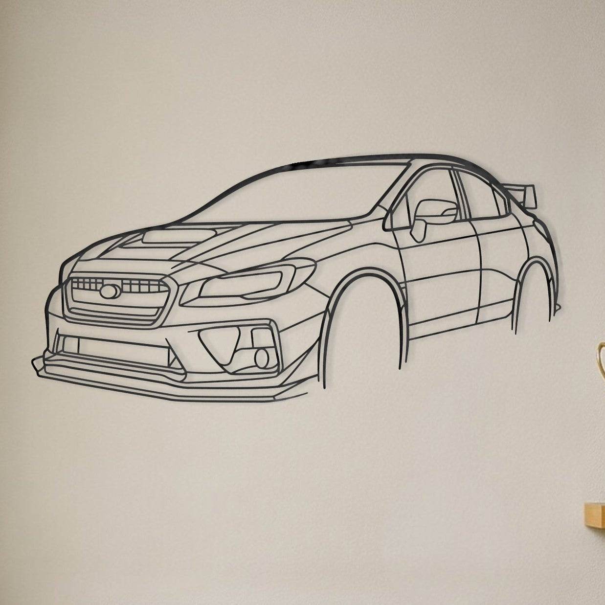 Subaru Impreza WRX STi on white wall with brown leather lounge