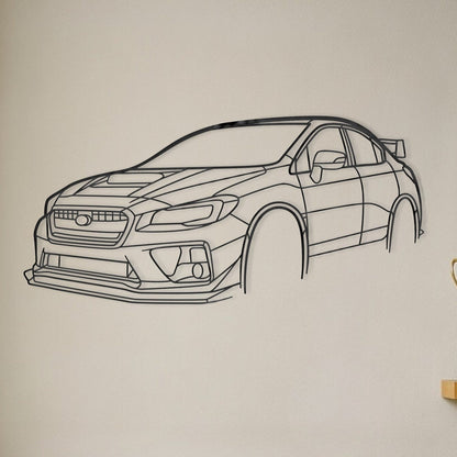 Subaru Impreza WRX STi on white wall with brown leather lounge