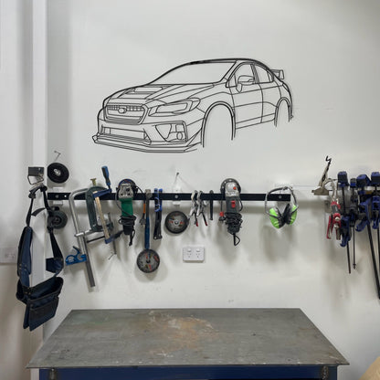 Subaru Impreza WRX STi 2017 steel silhouette wall art displayed in a modern garage or man 