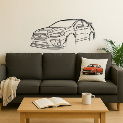 Subaru Impreza WRX STi 2017 sedan steel silhouette wall art displayed on a loungeroom wall