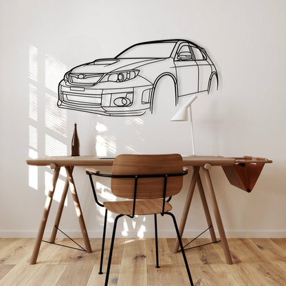 Subaru Impreza WRX STi Hatchback steel silhouette wall art displayed in a study on a white wall with a desk
