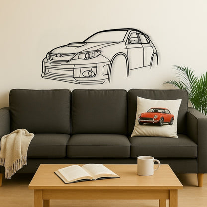 Subaru Impreza WRX STi Hatchback steel silhouette wall art displayed on a white loungeroom wall