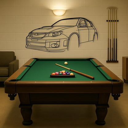 Subaru Impreza WRX STi Hatchback steel silhouette wall art displayed in billiards room on a brick wall