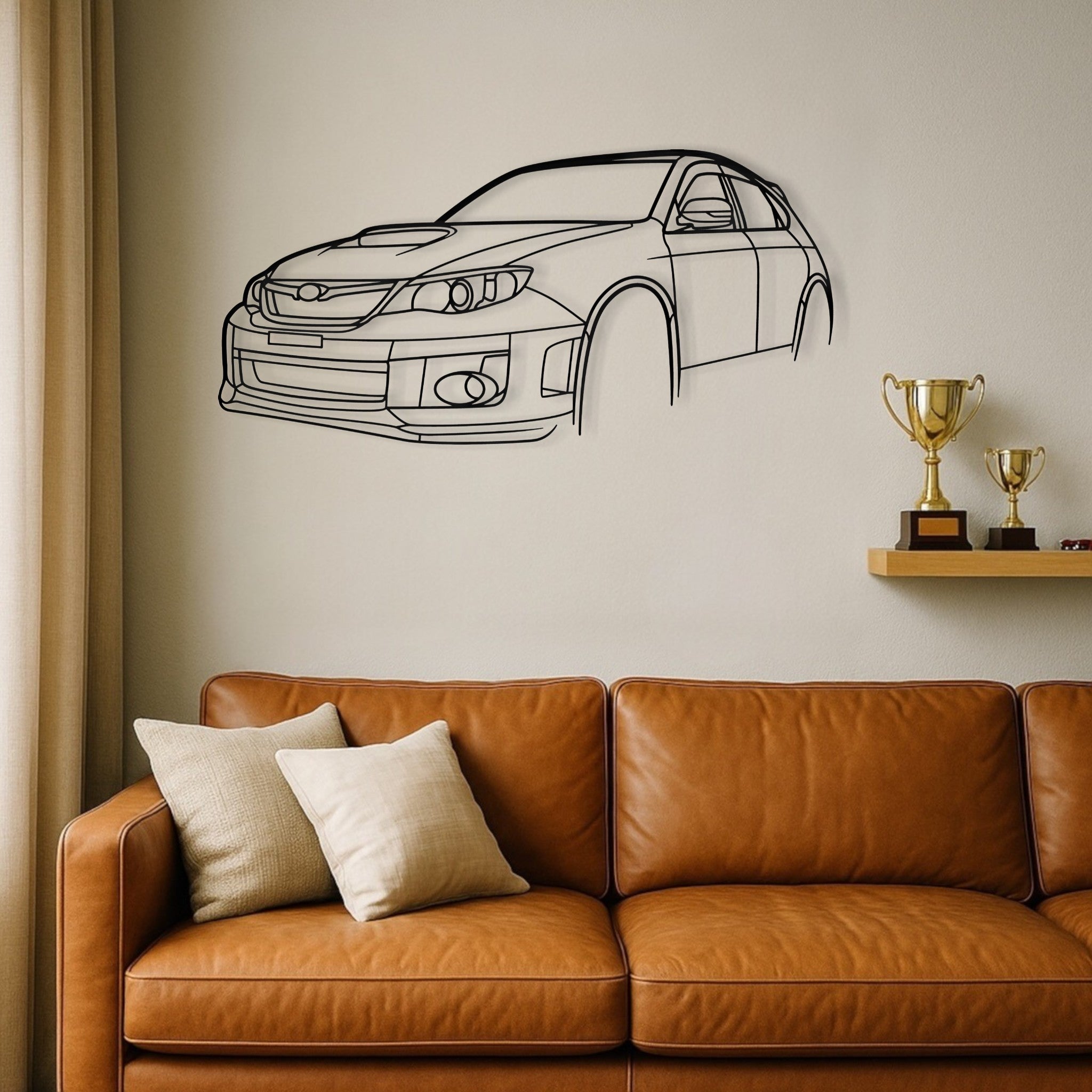 ubaru Impreza WRX STi Hatchback steel silhouette wall art displayed on a wall in a loungroom